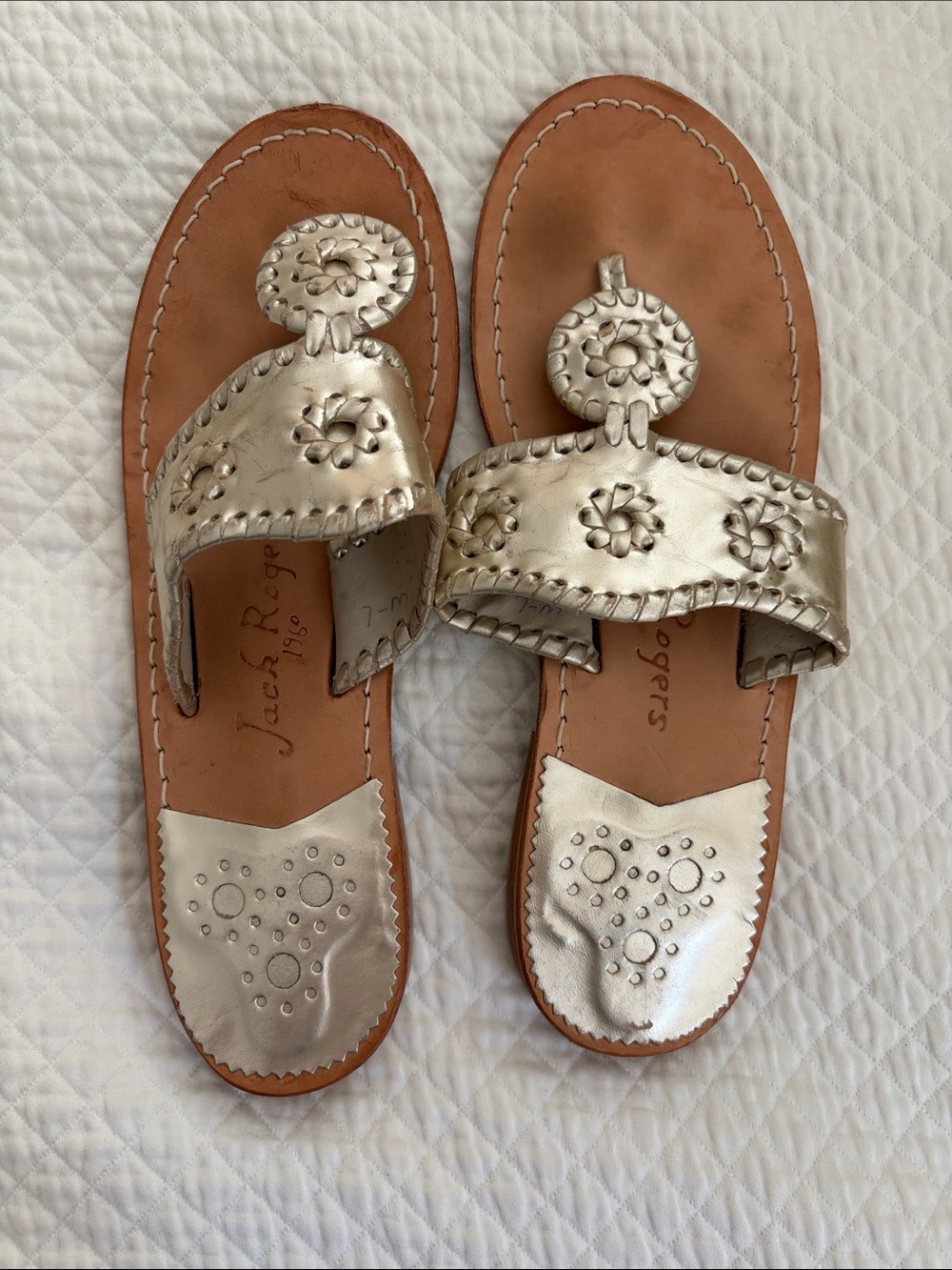 Jack Rogers Gold Metallic Leather Toe-Post Sandals